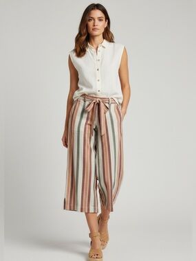 Indigo Rein Soft Linen Striped Wide Leg Cropped Pants Split Hem Womens size M
